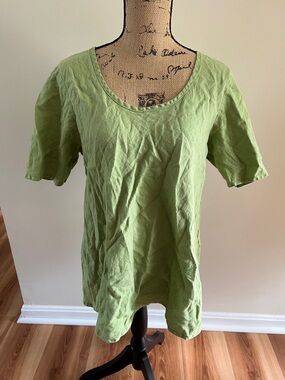 Flax Olive Green Linen Scoop Neck Top Short Sleeve Tunic